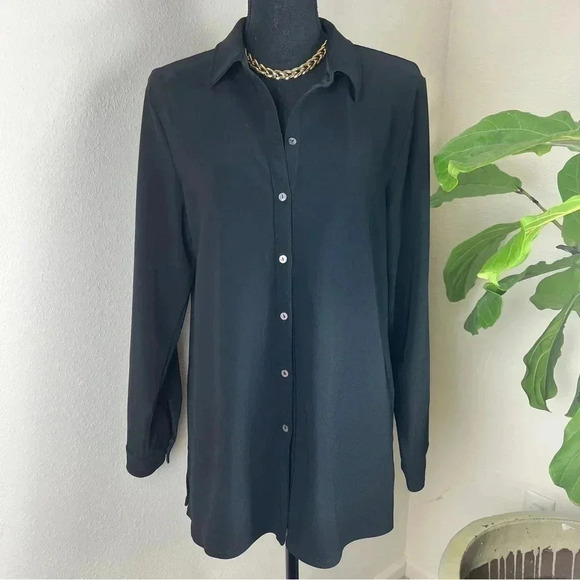 Boston Proper Black Button Down Long Sleeve Tunic Blouse Top - Picture 1 of 13